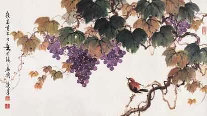 黄幻吾 葡萄小鸟图 镜心